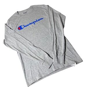 Champion Mens Long Sleeve Script Logo T-Shirt Heather Grey Small NWOT